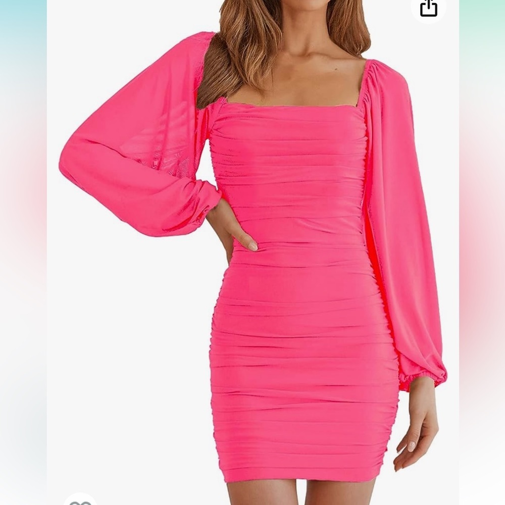Amazon Merokeety Pink Ruched & Sheer Long Sleeve Dress, NWOT